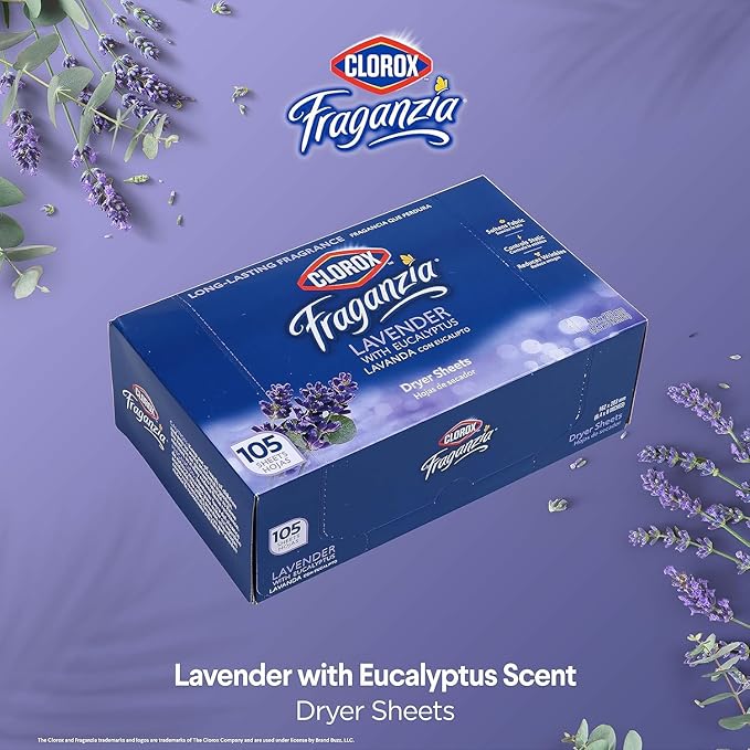 Clorox Fraganzia Fabric Softener Dryer Sheets, Lavender Scent - Wrinkle Reducing Scented Softening Laundry Sheets for Great Smelling Clothes, 105 Count - 2 Pack