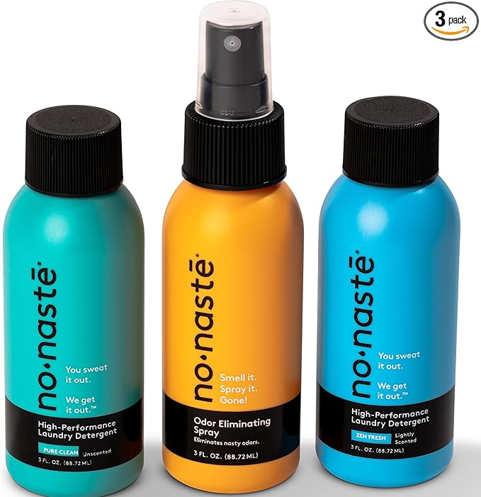 Nonaste Mini Travel Fresh Kit (3 Oz, Pack of 3) – TSA Approved Odor Eliminating Spray & Laundry Detergent Set Zen Fresh + Pure Clean – On-the-Go Odor Control for Travel, Gym & Outdoor Activities