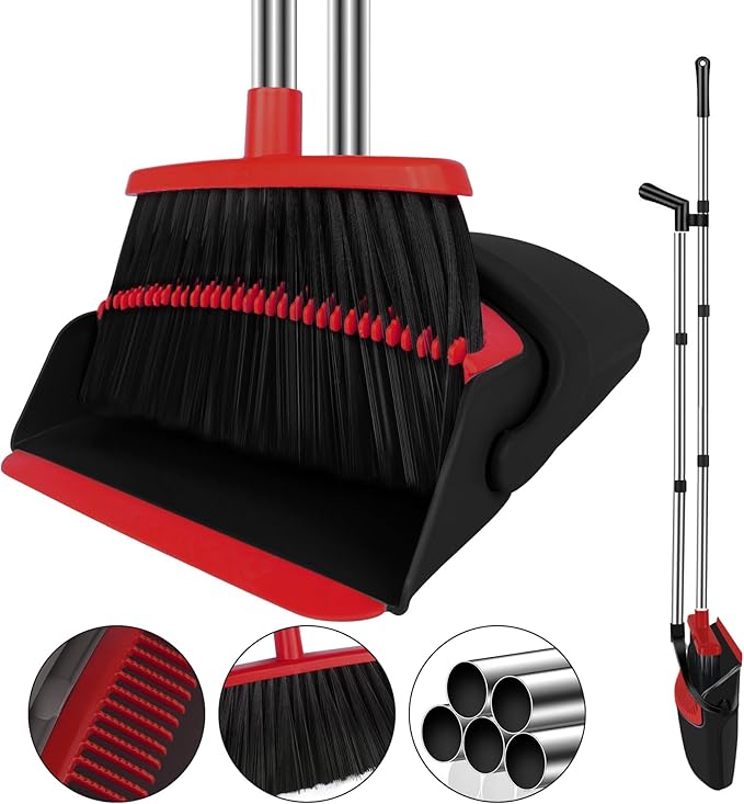 Broom and Dustpan Set for Household, Red Broom with Dustpan Combo Set, 51" Long Handle Dust pan Set for Dog Cat and Hair Clean