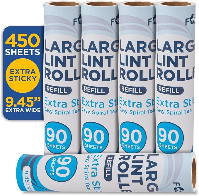 Lint Roller Refills – 9.45 Inch Wide – Lint Rollers for Pet Hair Extra Sticky Refills – Ideal for Furniture, Clothes, Bedding - 5 Pack 450 Sheets