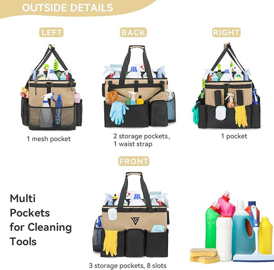 Professional Cleaning Kit - Durable Cleaning Caddy Bag with Black Apron and Trolley, Water-Resistant Organizer for Cleaning Supplies, PVC Polyester Cleaning Bag for Housekeepers - (Brown)