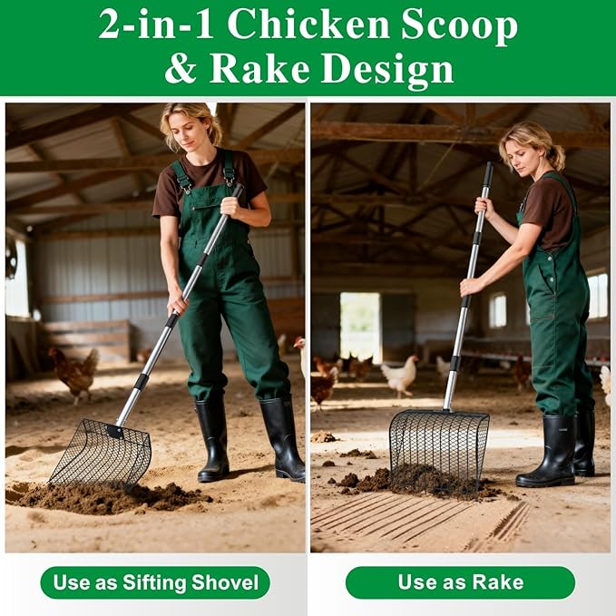 Chicken Poop Scooper & Rake 2-in-1, Otunrues Pooper Scoopers 25" to 67" Large Metal Stainless Steel Chicken Litter Scoop with Handle for Farm Pet Waste Cleaning Sifting Litter Shovel
