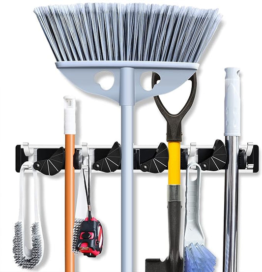 Mop And Broom Holder Wall Mount, Mop Holder, Garage Storage Garden Kitchen Tool Organizer Wall Hanger for Home Goods (4 Positions with 8 Hooks, Black)