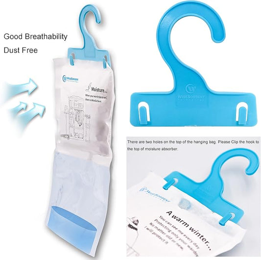 Moisture Absorber Refill Hanging Bags, 12 Pack (200g Each) – Calcium Chloride Dehumidifier Bags with 6 Reusable Hooks, Closet & Bathroom Dehumidifier Bags