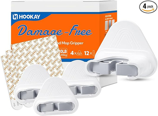 hookay 10lbs Broom and Mop Grippers Wall Hooks, 4 Hangers and 12 Adhesive Strips, Damage-Free No Tools Hanging Organizer for Home Organization, Holds up to 10 lb