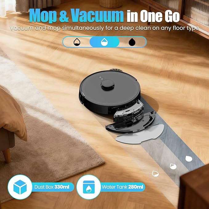 E10+ Robot Vacuums and Mop, 75-Day Self-Emptying, 8000PA Suction, LiDAR Navigation, Home Mapping, APP ＆ Voice Control, 150Mins Runtime for Pet Hair, Hard Floors, Carpets