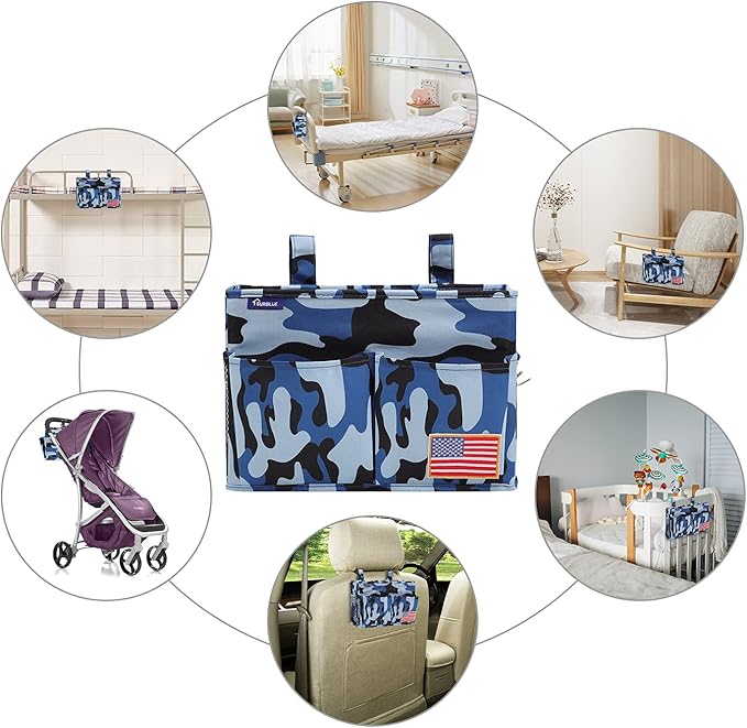 Surblue Bedside Caddy Hanging Bed Organizer Storage Bag Pocket for Bunk and Hospital Beds, College Dorm Rooms Baby Bed Rails, Wheelchair Side Bag, Camp Chiars, 4 Pockets and 2 Hooks (Small Ocean)
