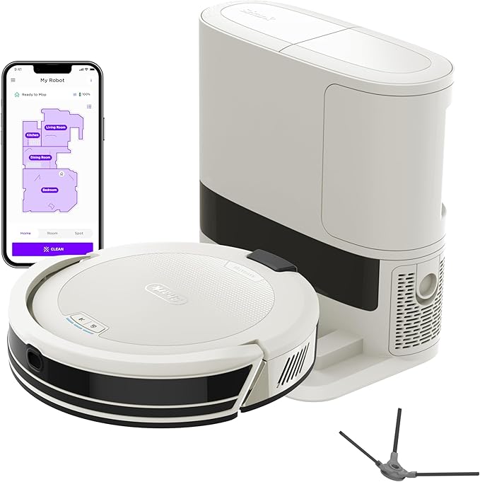Shark Navigator Robot Vacuum with Bagless 30-Day Capacity Self-Empty Base, Powerful Suction, SmartPath Navigation, Self-Cleaning Brushroll, for Carpets & Hard Floors, White, AV2110S