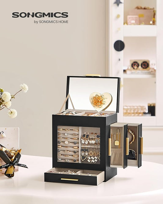 SONGMICS Jewelry Box with Glass Window, 5-Layer Jewelry Organizer with 3 Side Drawers, Jewelry Storage, with Big Mirror, Modern, 5.1 x 7.9 x 9.7 Inches, Ink Black and Metallic Gold UJBC172B01