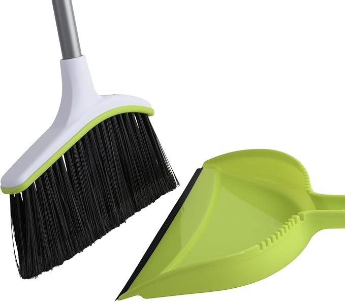 Casabella Basics 2-Piece Angled Broom and Dustpan Set, 44" Angled Broom with Long Handle and Dustpan, Silver/Green