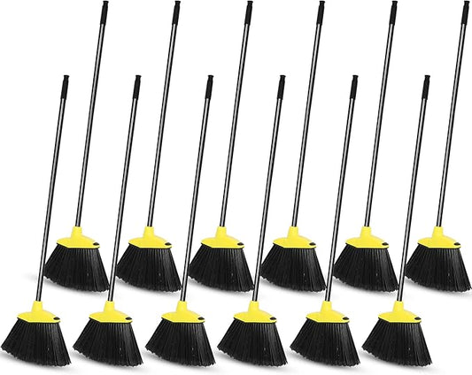 12 Pcs Heavy Duty 53 Inch Commercial Angle Brooms for Sweeping Indoor Outdoor - Black Broom with Long Handle for Garage, Courtyard, Patio, Lobby, Mall, Market, Shop, Sidewalk, Floor (Yellow)