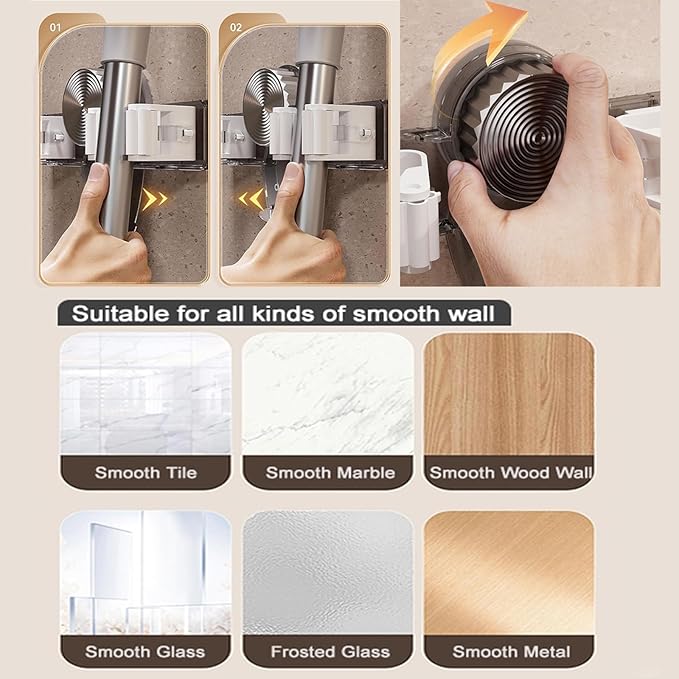 6 Pack Broom Holder Wall Mount Mop Hanger, No Drill Suction Cup Mop Broom Organizer with Hooks, Space Saving Rack Removable Mop Clip for Kitchen, Garage, Bathroom, Laundry Room