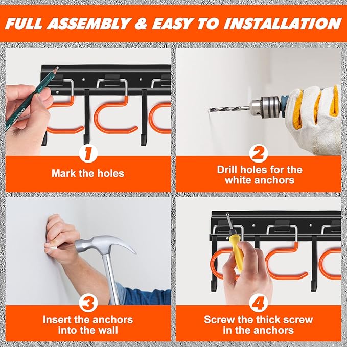 68'' All Metal Garden Tool Organizer Adjustable Garage Tool Organizer Wall Mount Garage Organizers and Storage with Heavy Duty Hooks Tool Hangers for Garage Wall, Shed, Garden