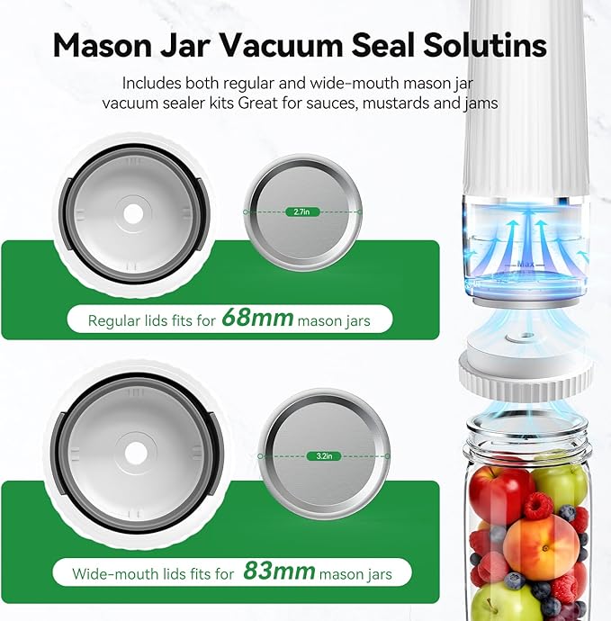 Vacuum Sealer for Food (Compact Vacuum Sealer Machine +30 Mason Jar Lids+ Wine Stopper), Handheld Mason Jar Vacuum Sealer for 10X Preservation & Fresh, 80Kpa Portable Vacuum Food Saver