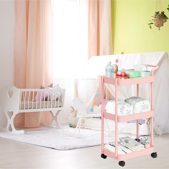 Diaper Caddy - Plastic Diaper Organizer for Nursery Essentials, Baby Organizers and Storage, Movable Cart for Changing Table & Crib, Baby Registry Search, Pink