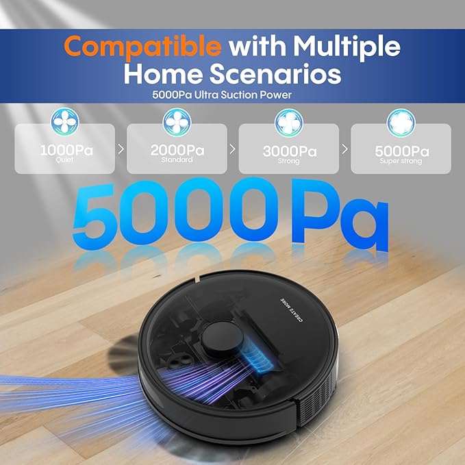 Robot Vacuum and Mop Combo, 5000Pa Powerful Suction, Advanced Smart Mapping, Ideal for Pet Hair, Dust