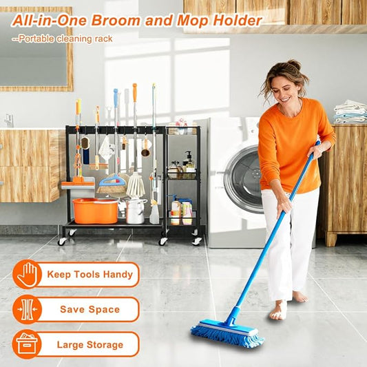 Broom and Mop Holder with Cleaning Supplies Organizer, Narrow Cleaning Cart with Cleaning Caddy, Large Capacity Cleaning Rack with Grippers Rack Hooks for Housekeeping Laundry Room Garage
