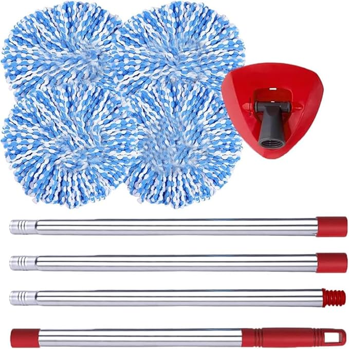 Spin Mop Replace Head, Base, Handle Compatible with O Cedar EasyWring RinseClean Microfiber Spin Mop, 4 Microfiber Mop Refills, 1 Triangle Mop Base and 58in Mop Handle (Blue (2-Tank System))