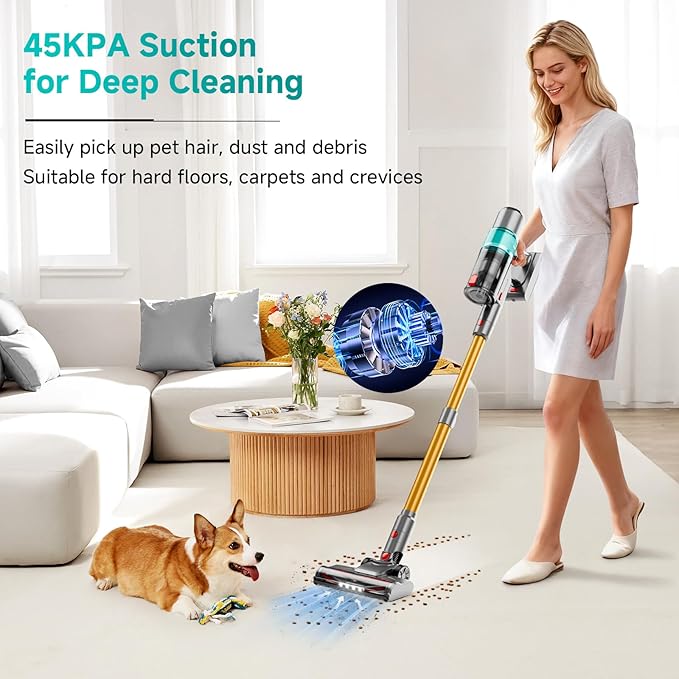 Cordless Vacuum Cleaner, 550W/45KPA Powerful Suction Cordless Stick Vacuum Cleaners for Home, Anti-Tangle Brush, Lightweight, 6-in-1 Rechargeable Vacuum for Pet Hair/Carpet/Hard Floor(Green)