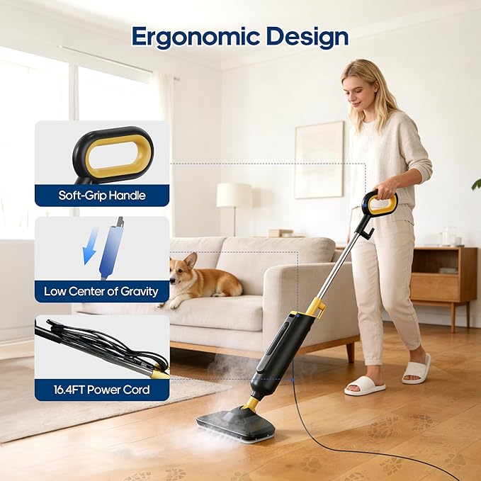 NEWBULIG Steam Mop for Hardwood/Tile/Carpet, Lightweight Steamer Cleaner for Floor Cleaning, 16.4 FT Cord and 2 Washable Pads
