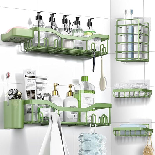 Shower Caddy Adhesive Shower Organizer 7-Pack, Rustproof Stainless Steel Bathroom Shelves, Large Capacity No-Drill Rack Storage Accessories with Soap Dish Toothbrush Holder Hooks