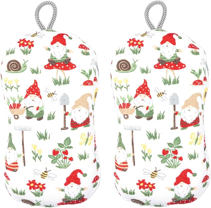 MÜkitchen Premium Microfiber Sponge Set for Dishes and Cleaning, 2 Pack, Printed (Gnomes)