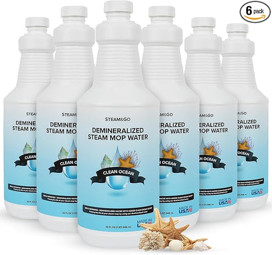 Steam & Go Demineralized Water - Multisurface Cleaner, PVC-Free Ready-to-Use for Mops & Floor Steamers - Ideal for Kitchen, Bathroom, & Home Surfaces - Clean Ocean Scent - 32oz (Pack of 6)