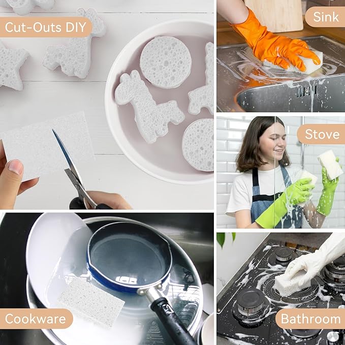 6 Pcs Kitchen Sponges for Dishes Cleaning, Non Scratch for Non Stick Cookware, Compressed Natural Cellulose Sponges, Dish Washing Scrubbers, Scrubbing Pads for Household, Bathroom (White)