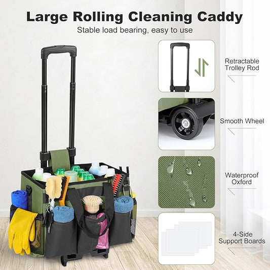 Housolution Rolling Cleaning Caddy Bag with Detachable Trolley, Professional Portable Large Cleaning Bag with Wheels, Wearable Cleaning Supply Bag on Wheels for Housekeepers, Army Green
