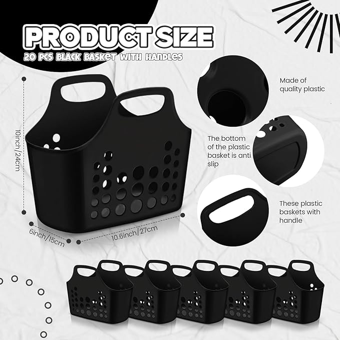 Nuogo 20 Pack Plastic Baskets with Handles Portable Shower Caddy Storage Baskets Reusable Caddy tote Organizer Bin for Bathroom Dorm Communal Showers Kitchen, 10.6" x 6" x 10" (Black)