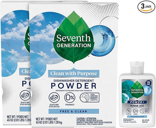 Seventh Generation Dishwasher Detergent Powder 2-Pack + Rinse Aid, Free & Clear, Biodegradable, Plant-Based & Fragrance-Free, Septic Safe