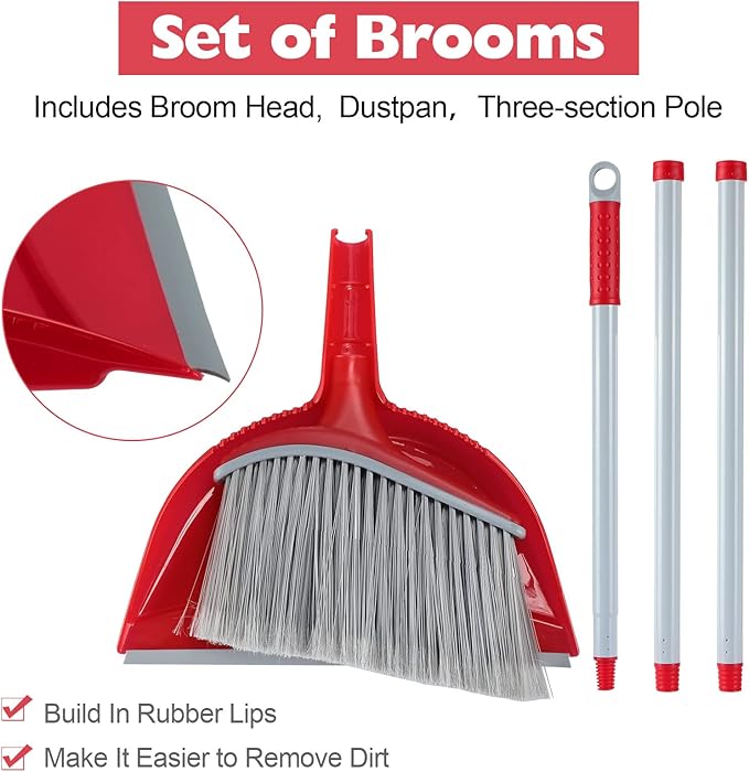 Meanplan 2 Pcs Angle Broom and Dustpan Combo Set for School Classroom 54'' Outdoor Indoor Cleaning Broom Commercial Broom with Step-on Dustpan for Home Kitchen Office Floor Dirt Dust Hair Cleaning