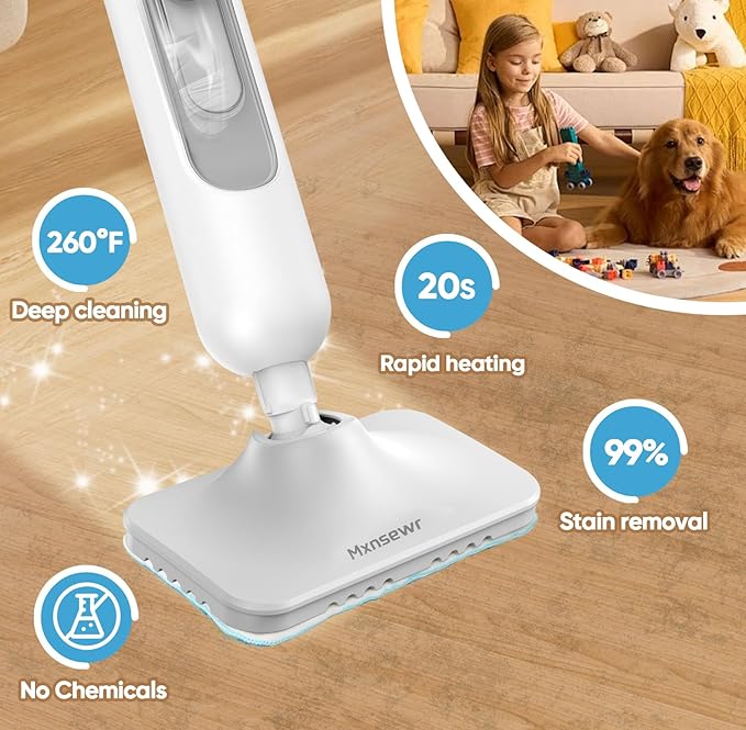 Steam Mop All-in-one Multi-Functional Powerful Steam Cleaner, Handheld Detachable Floor Steamer with 2 Steam Level, SKD5 380ML Water Tank & 23FT Power Cord for Whole Home Use（White）