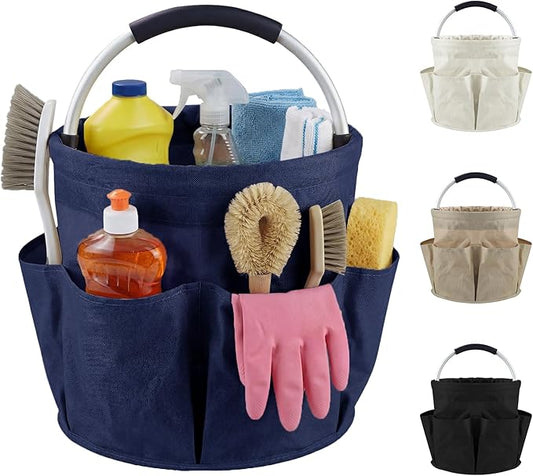 Cleaning Caddy with Handle and 6 Pockets, 17L Cleaning Supplies Organizer, 600D Oxford Fabric Storage Basket, Multifunctional Bucket Bag for Picnics, Camping, Gardening, Bathing (Dark Blue)