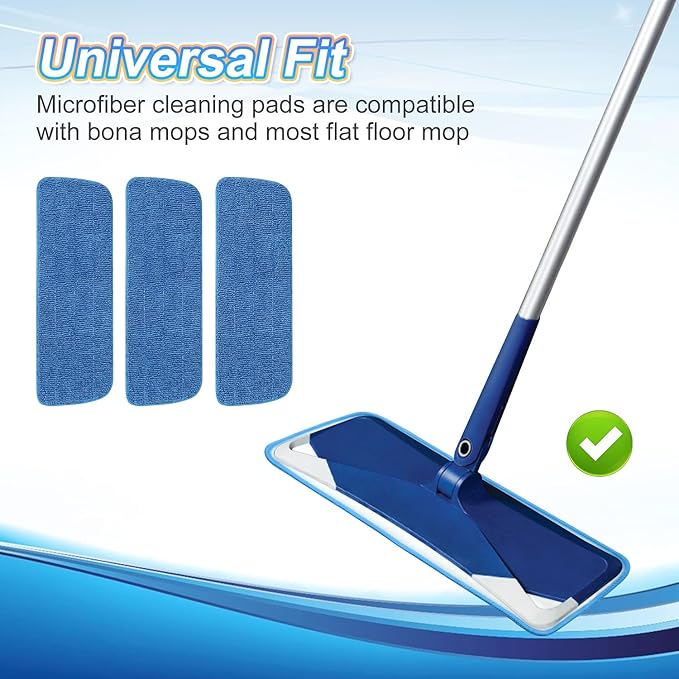 3 Pack Microfiber Mop Pads Replacement for Wet/Dry Mop Floor Cleaning Reusable Mop Pads Refills for Spray Floor Mops Compatible with Bona Floor Care System and Any Microfiber Flat Spray Mop