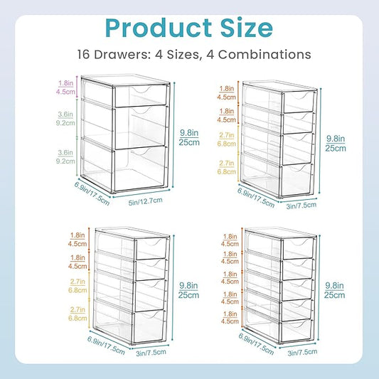 Vtopmart 4 Set Clear Desk Organizer, Pen Organizer with 16 Drawers, Acrylic Desktop Organization and Storage for Office Supplies, Pen, Makeup, Art Craft, Jewelry
