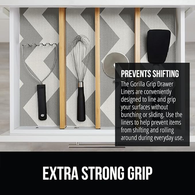 GORILLA GRIP powerGRIP Drawer Shelf and Cabinet Liner, Thick Strong Hold, Non-Adhesive Liners Protect Kitchen Cabinets and Cupboard, Bathroom Drawers, Easy Install, Breathable Mat, 20" x20', Chevron