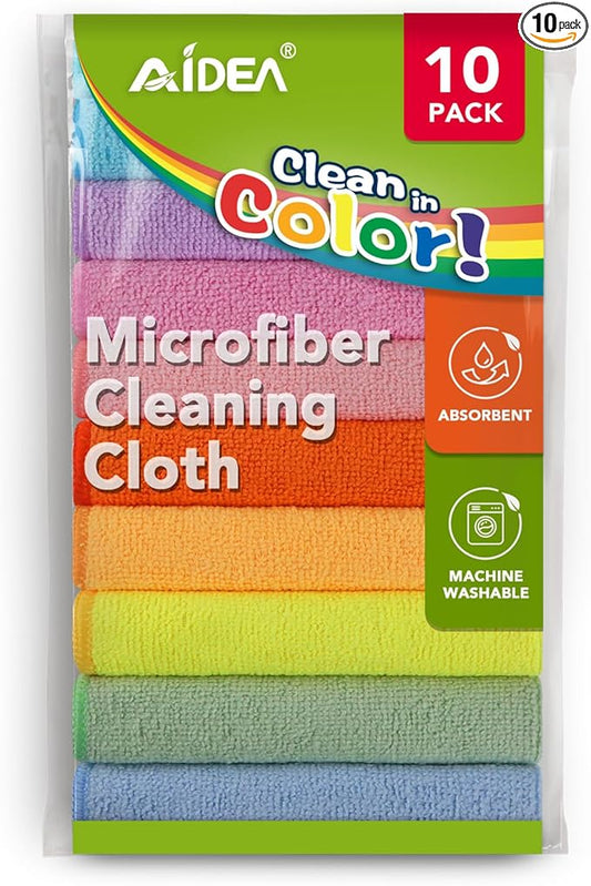 AIDEA Microfiber Cleaning Cloth, 10PK, Colorful Lint-Free Vibrant Cleaning Rags, Microfiber Towels for Cars, Kitchen Cloth, Dusting Cloth for Home, Window, Cleaning Supplies, 11.5"×11.5"