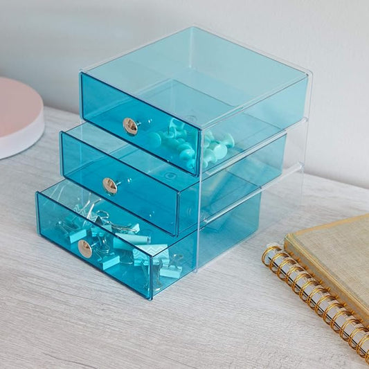 iDesign BPA-Free Plastic 3-Drawer Vanity Organizer - 6.5" x 6.5" x 6.5", Aqua