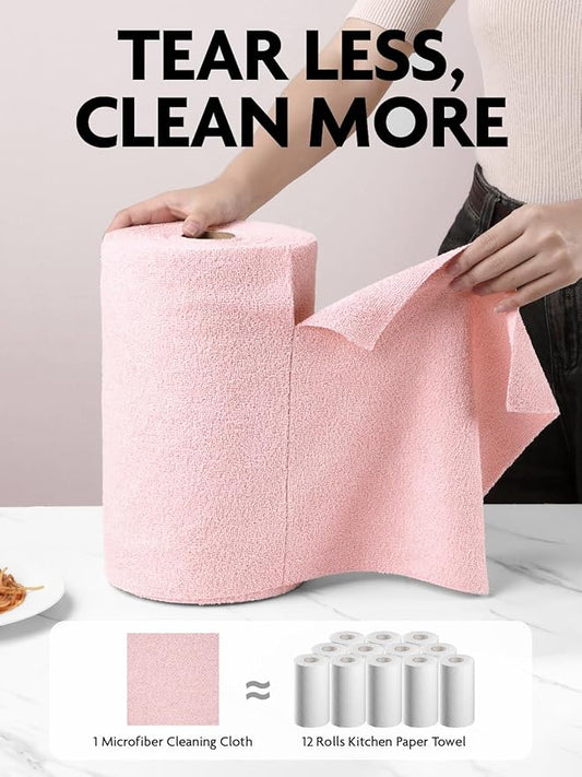 Fantasticlean Microfiber Cleaning Cloth Roll -150 Pack, Tear Away Microfiber Towels, 12" x 12", Reusable, Washable, Ultra Absorbent Dishcloth for All-Around Cleaning Supplies (Pink & Grey)