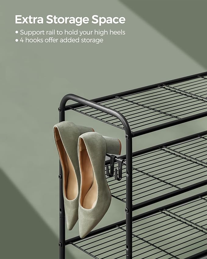 SONGMICS Shoe Rack, 2-Tier Shoe Organizer, Metal Shoe Shelf Storage with 4 Side Hooks, Holds 10 Pairs of Shoes, Height-Adjustable Shoe Rack for Entryway, Hallway, Closet, Easy Assembly, Ink Black