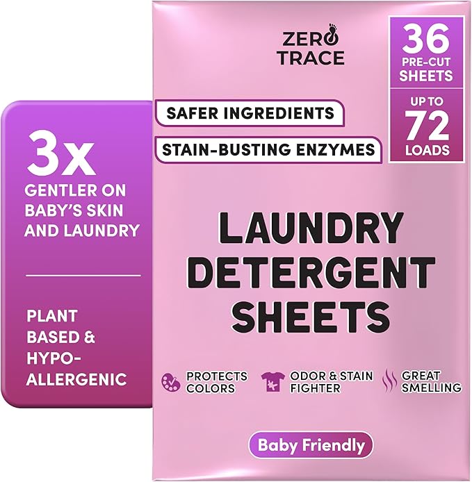 ZERO TRACE Baby Friendly Laundry Detergent Sheets, 72 Loads - Eco Friendly, All Natural, Hypoallergenic, Biodegradable - Sheet Laundry Soap for Sensitive Skin