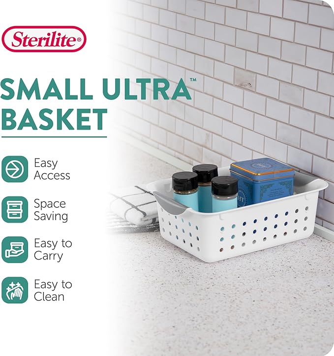 Sterilite 12-Pack Ultra Basket, Open Plastic Bins, Countertop, Cabinet and Closet Organizer, White, Small