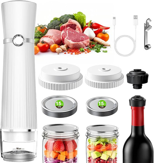Vacuum Sealer for Food (Compact Vacuum Sealer Machine +30 Mason Jar Lids+ Wine Stopper), Handheld Mason Jar Vacuum Sealer for 10X Preservation & Fresh, 80Kpa Portable Vacuum Food Saver