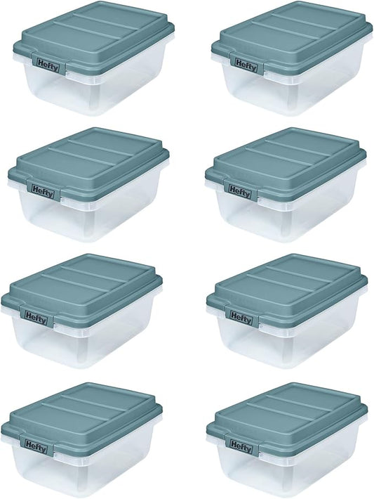 Hefty HI-RISE 18 Qt Plastic Storage Bins with Lids, 8 Pack Clear Stackable Containers with Secure Latching Handles, Under Bed Storage Boxes for Clothes, Shoes, Toys, Closet Organization
