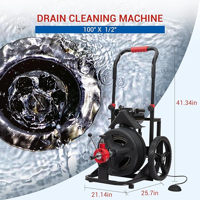 100 FT x 1/2 Inch Drain Cleaner Machine, Auto-feed Electric Sewer Snake, Heavy-duty Drain Auger with 6 Cutter & Air-activated Foot Switch for 1" to 4" Pipes