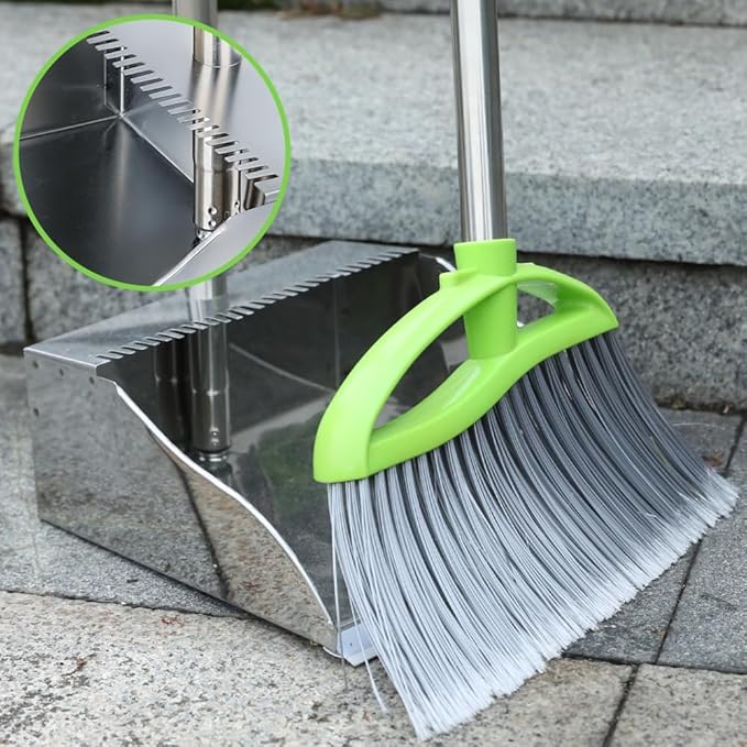 Heavy Duty Broom and Dustpan Set, Metal Stand Up Dustpan with Outdoor Stiff Bristles Broom for Hardwood Patio Floor Sweeping