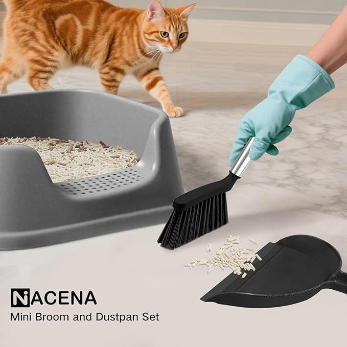 NACENA Mini Broom and Dustpan Set, Small Dust Pan and Brush Set with Handle Dustpan Teeth for Cleaning Hair Suitable for Office Desks Drawers Sofas Outdoor Camping, Black