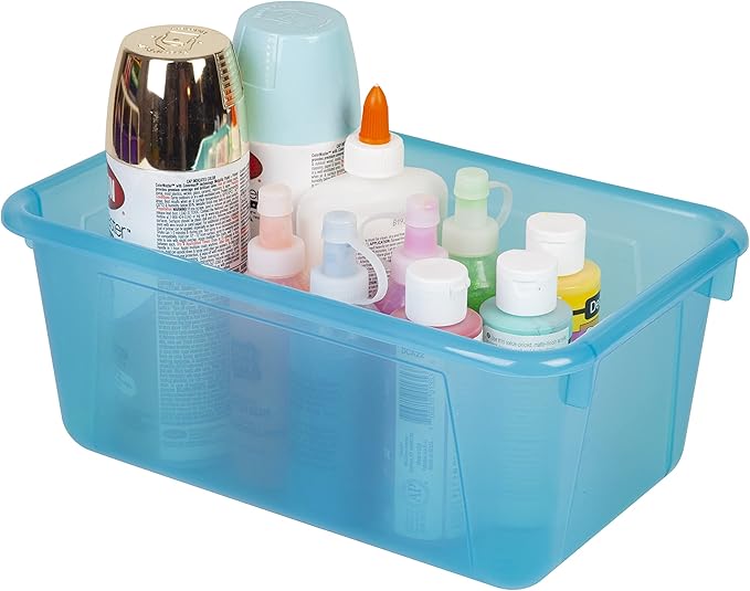 Storex Small Cubby Bins – Plastic Storage Containers for Classroom with Non-Snap Lid, 12.2 x 7.8 x 5.1 inches, Tint Teal, 5-Pack (62486U05C)
