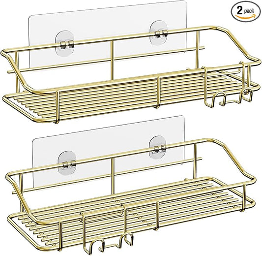 Nieifi Shower Caddy Shelf Storage Rack Adhesive Without Drilling Stainless Steel with Hooks for Washroom, Lavatory, Restroom, Toilet, Bathroom, Kitchen - 2 Pack, Golden
